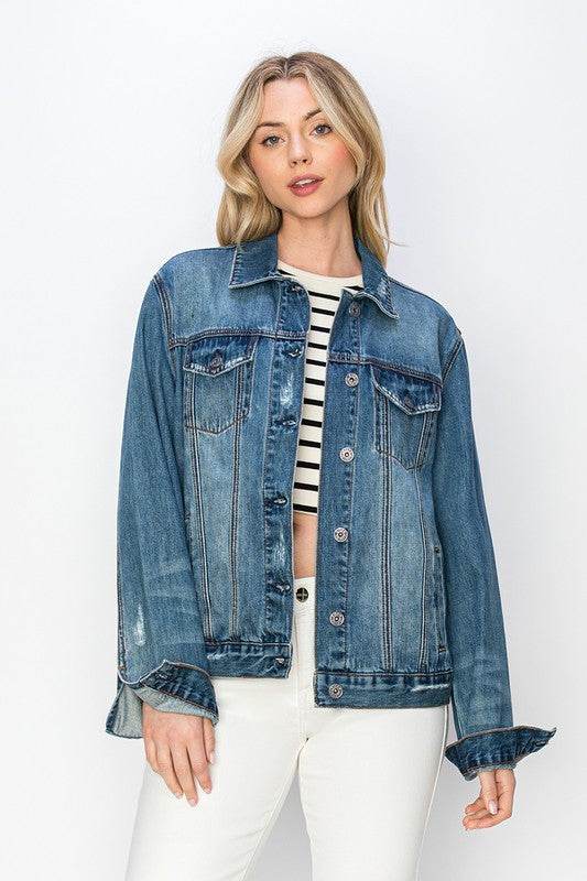 RISEN Full Size Distressed Button Up Jacket - Hovatok