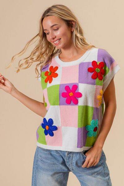 BiBi Flower Patch Checkered Sweater Vest - Hovatok