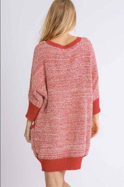Umgee Full Size Ribbed Hem Round Neck 3/4 Sleeve Sweater Dress with Pockets Plus Size - Hovatok