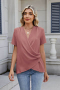 Solid Color Surplice Short Sleeve Blouse - Hovatok