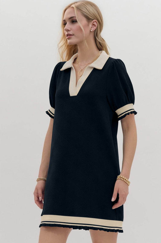 Oh Frill Contrast Trim Johnny Collar Short Sleeve Mini Dress - Hovatok