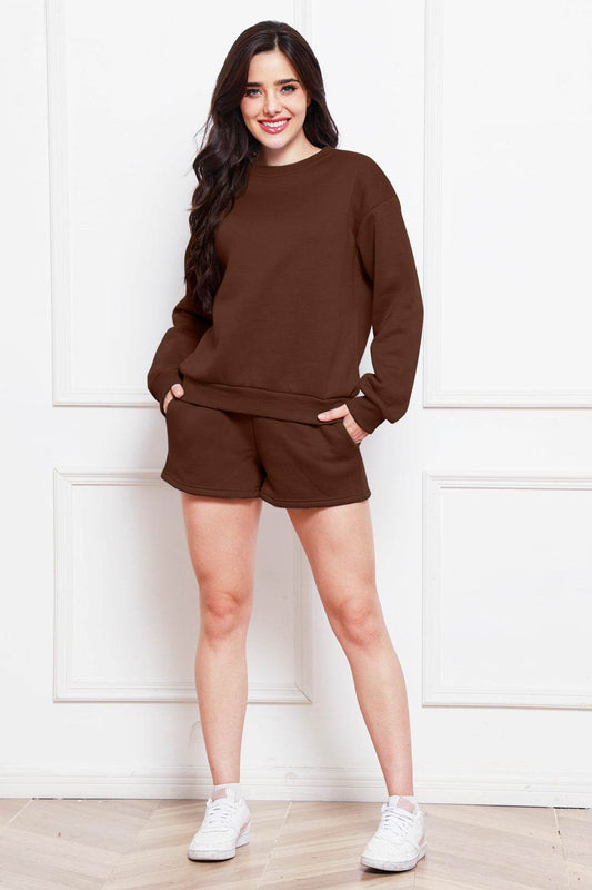 Round Neck Long Sleeve Sweatshirt and Drawstring Shorts Set - Hovatok