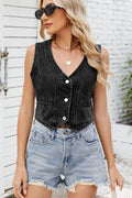 Button Down V-Neck Denim Vest - Hovatok