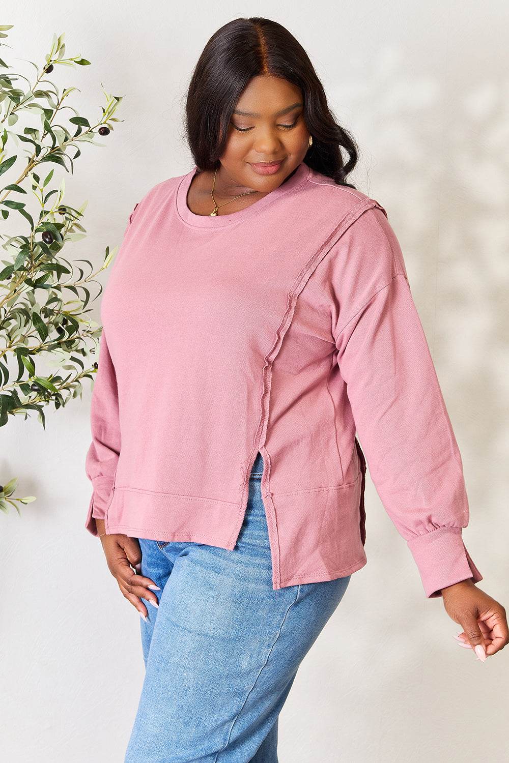 Culture Code Full Size Round Neck Exposed Seam Slit Top - Hovatok