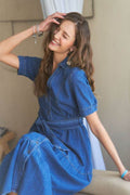 ADORA Tiered Button Down Tie Waist Short Sleeve Denim Dress - Hovatok