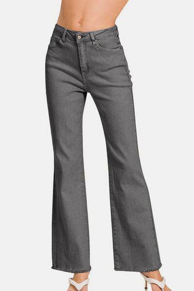 Zenana Acid Washed Frayed Hem Bootcut Jeans - Hovatok