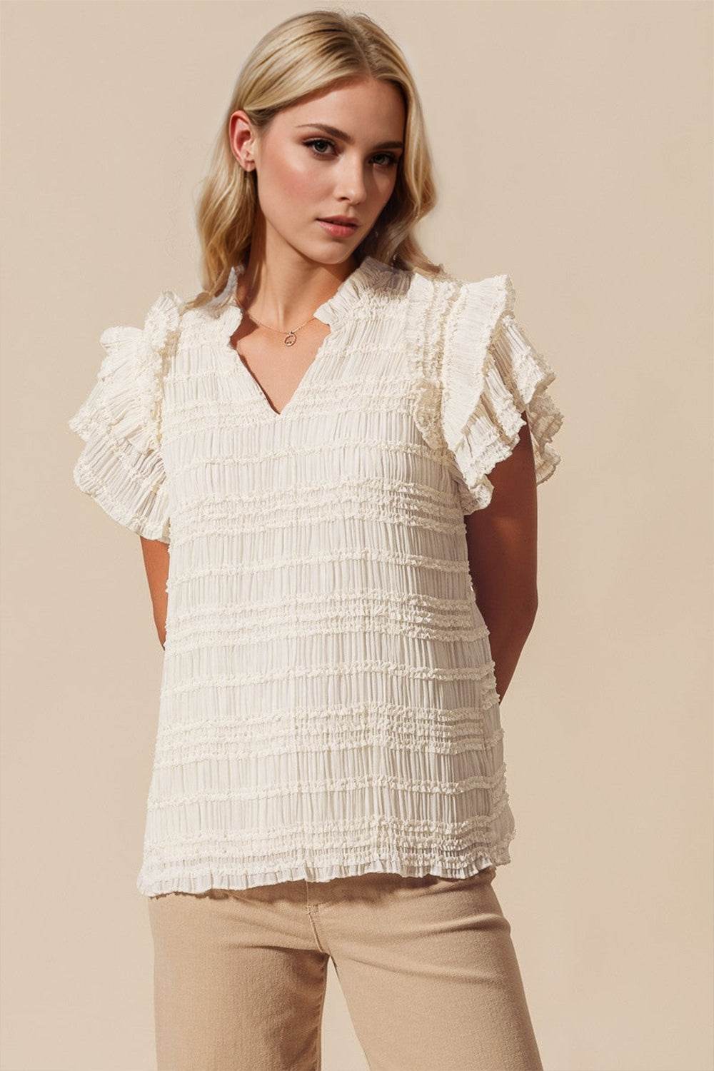 Oh Full Size Frill Notched Flounce Sleeve Blouse - Hovatok