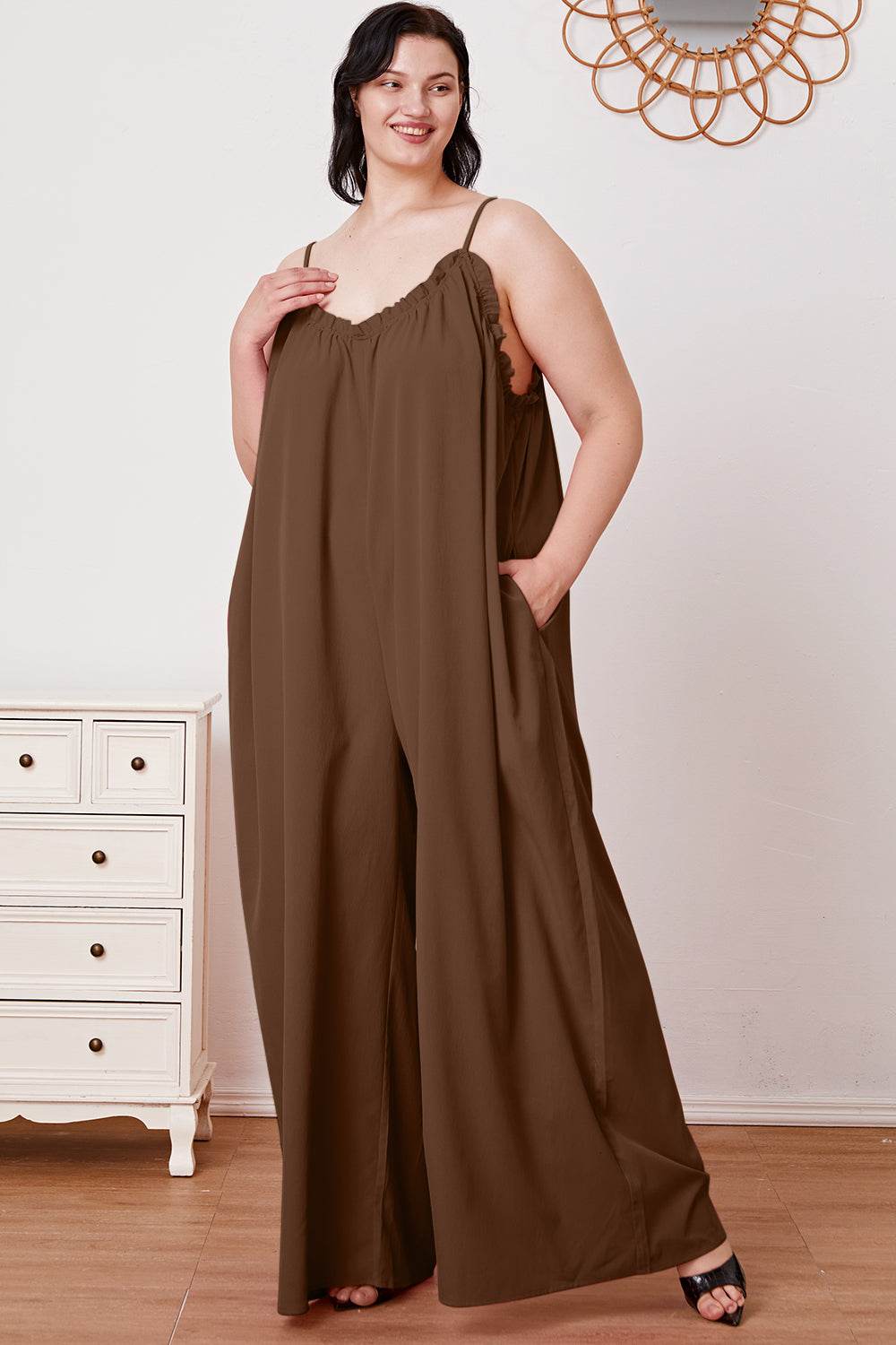 Double Take Full Size Ruffle Trim Tie Back Cami Jumpsuit with Pockets - Hovatok
