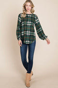 BOMBOM Curved Hem Plaid Round Neck Long Sleeve Top - Hovatok