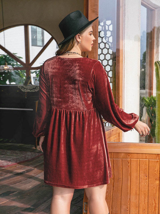 Plus Size Lace Detail V-Neck Long Sleeve Mini Dress - Hovatok