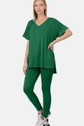 Zenana V-Neck Rolled Short Sleeve T-Shirt and Leggings Lounge Set - Hovatok