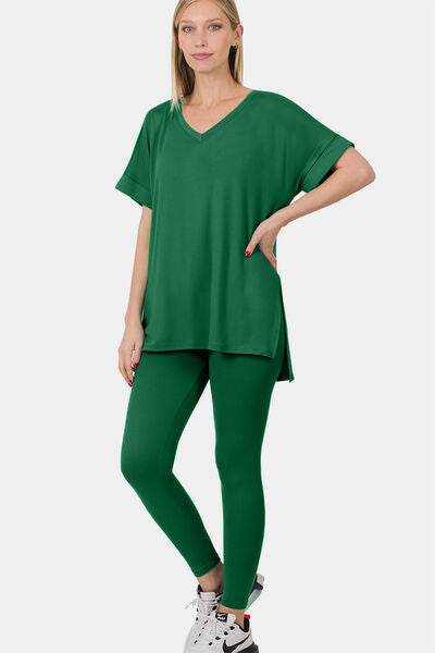 Zenana V-Neck Rolled Short Sleeve T-Shirt and Leggings Lounge Set - Hovatok