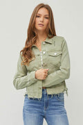 RISEN Full Size Raw Hem Button Up Cropped Denim Jacket Plus Size - Hovatok
