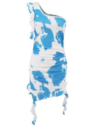 Ruffled Tie-Dye Single Shoulder Mini Dress - Hovatok