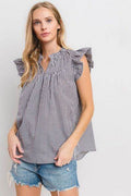Ces Femme Plaid Notched Ruffled Cap Sleeve Blouse - Hovatok
