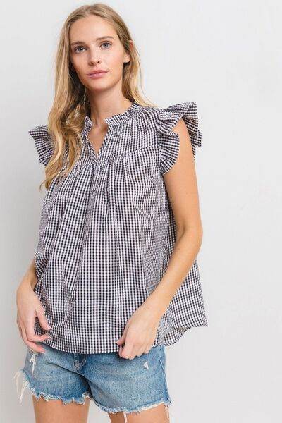 Ces Femme Plaid Notched Ruffled Cap Sleeve Blouse - Hovatok