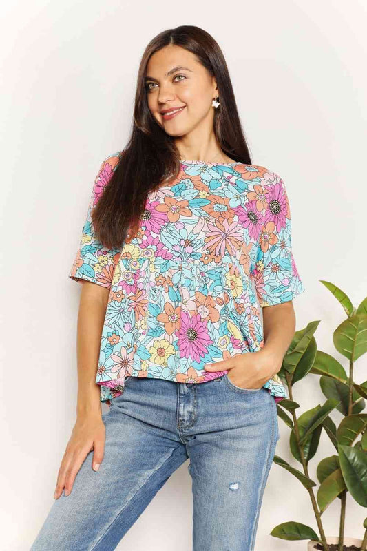 Double Take Floral Round Neck Babydoll Top - Hovatok