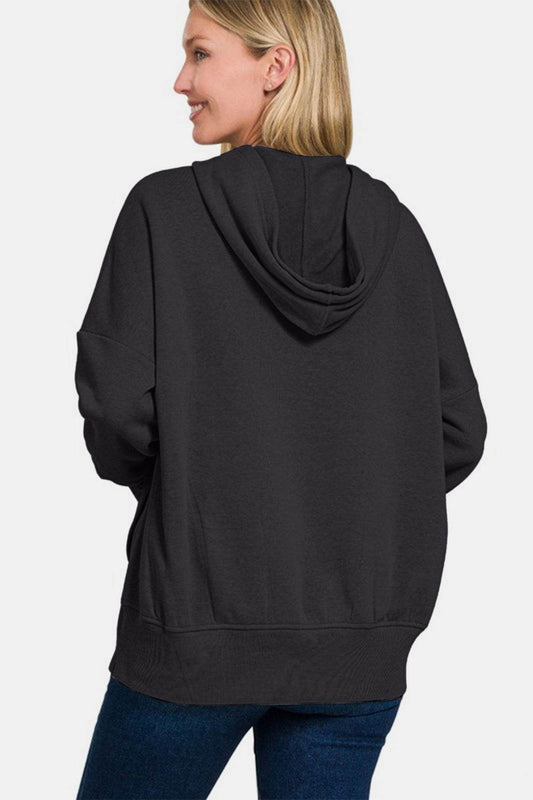 Zenana Half Snap Long Sleeve Hoodie with Kangaroo Pocket - Hovatok