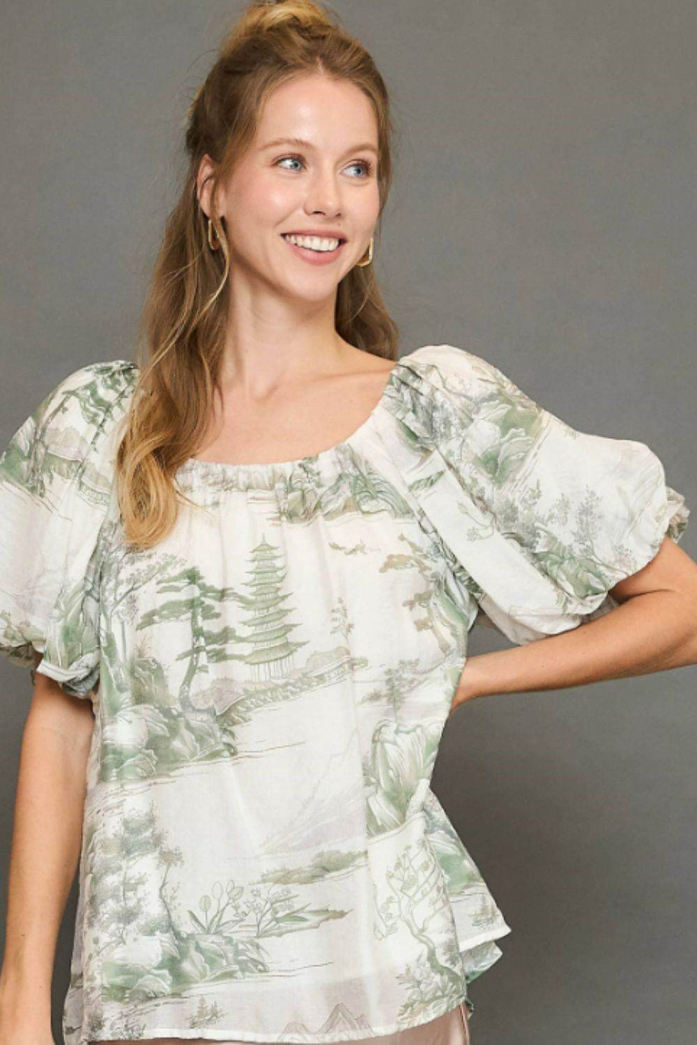 Umgee Full Size Two Tone Toile Print Top Plus Size - Hovatok