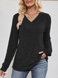 V-Neck Ribbed Long Sleeve Top - Hovatok