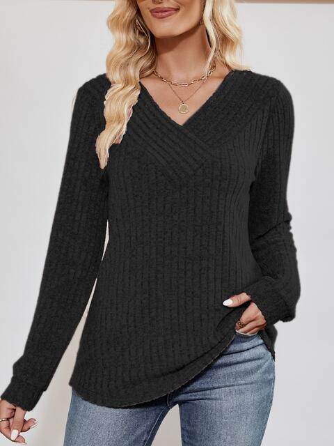 V-Neck Ribbed Long Sleeve Top - Hovatok