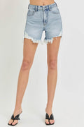 RISEN High Rise Side Step Hem Denim Shorts - Hovatok