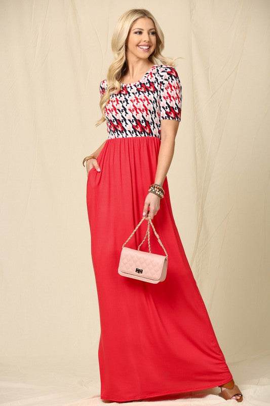 Celeste Full Size Houndstooth Round Neck Short Sleeve Maxi Dress Plus Size - Hovatok