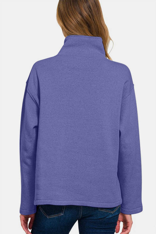 Zenana Turtleneck Half Snap Fleece Sweatshirt - Hovatok