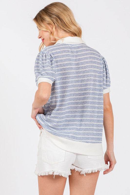 Ces Femme Knit Striped Contrast Short Sleeve Top - Hovatok