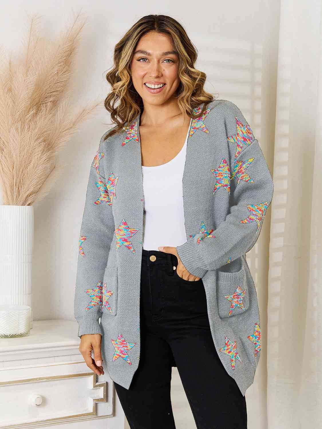 Angel Wings Star Pattern Open Front Cardigan with Pockets - Hovatok