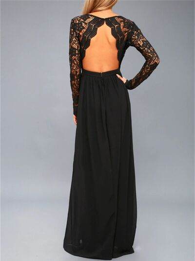 Lace Detail Backless Long Sleeve Maxi Dress - Hovatok
