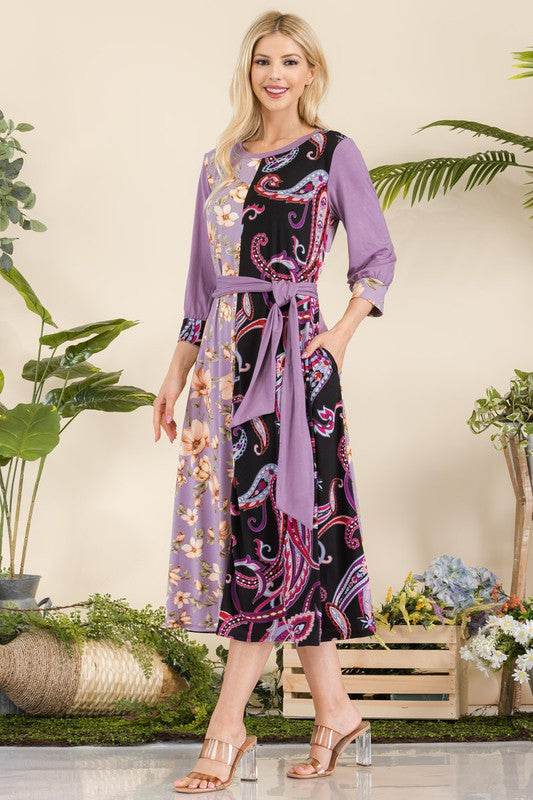 Celeste Full Size Paisley And Floral Contrast Tent Midi Dress Plus Size - Hovatok