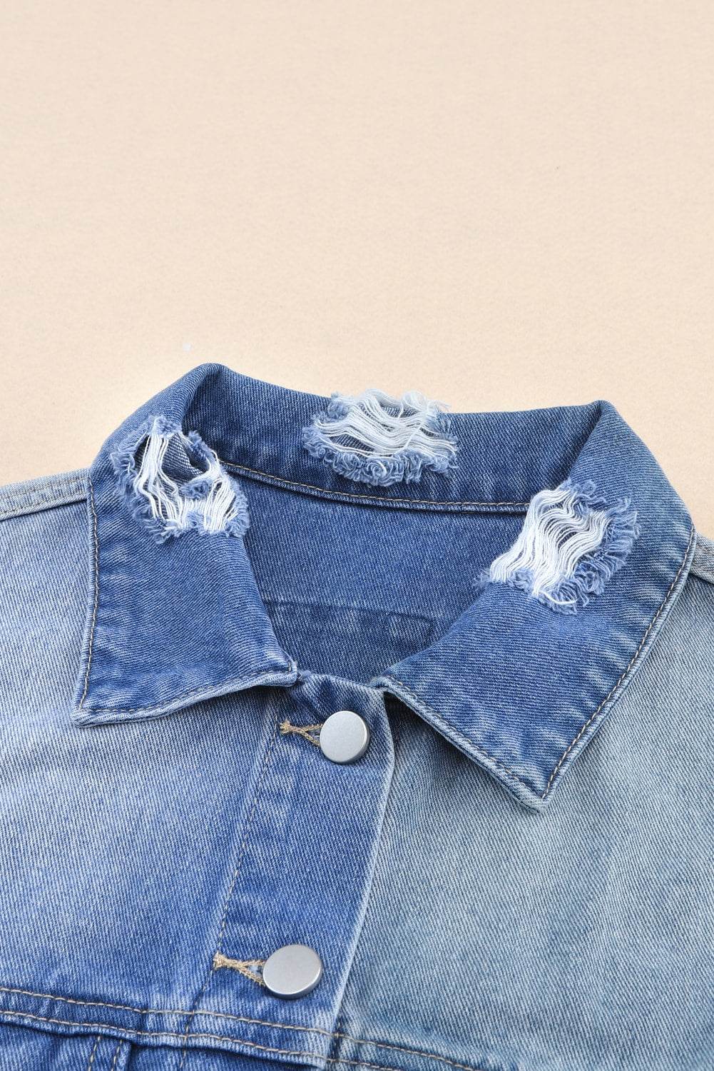 Distressed Button Up Drop Shoulder Denim Jacket - Hovatok