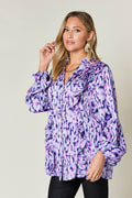 Double Take Full Size Printed Ruffle Trim Balloon Sleeve Shirt - Hovatok