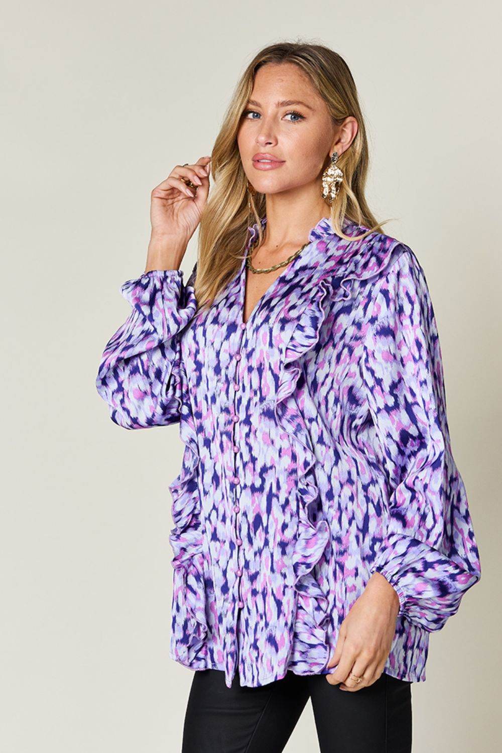 Double Take Full Size Printed Ruffle Trim Balloon Sleeve Shirt - Hovatok