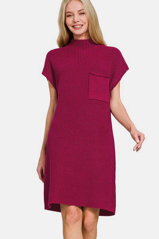 Zenana Mock Neck Short Sleeve Sweater Dress - Hovatok
