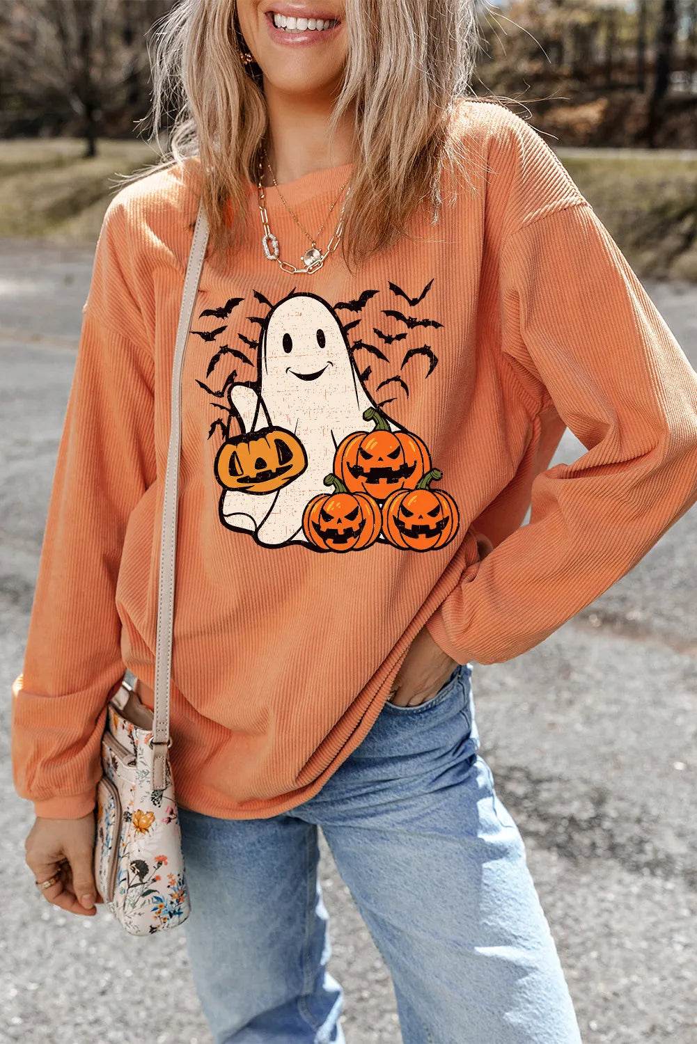 Jack-O'-Lantern Round Neck Long Sleeve Sweatshirt - Hovatok