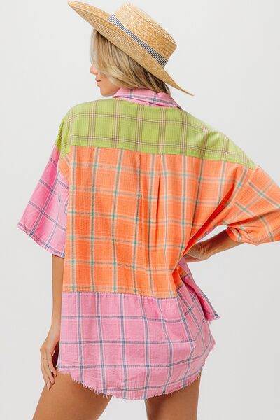 BiBi Plaid Collared Neck Half Sleeve Shirt - Hovatok