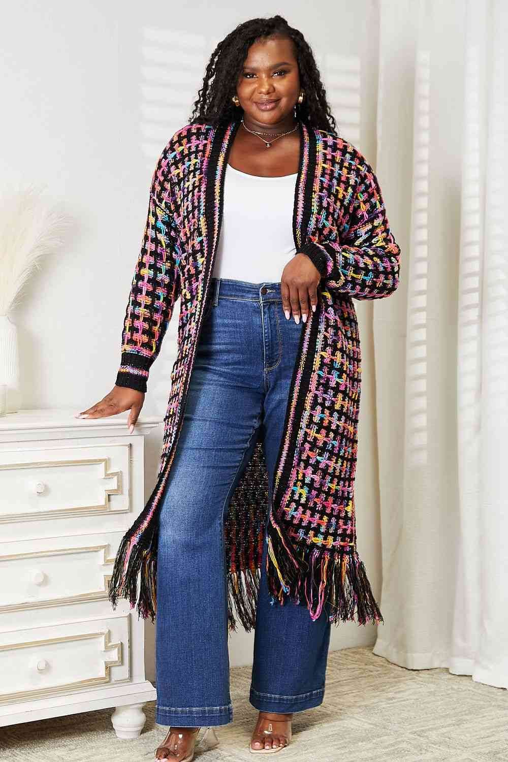 Angel Wings Full Size Multicolored Open Front Fringe Hem Cardigan - Hovatok