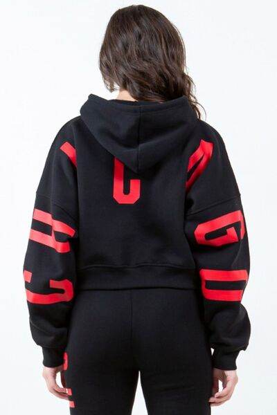 American Bazi Letter Graphic Long Sleeve Drawstring Cropped Hoodie - Hovatok