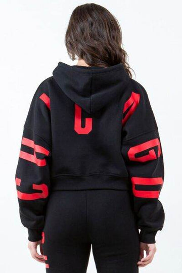 American Bazi Letter Graphic Long Sleeve Drawstring Cropped Hoodie - Hovatok