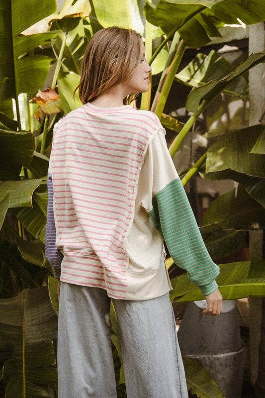 BiBi Exposed Seam Slit Striped Round Neck T-Shirt - Hovatok