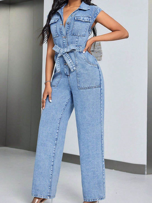 Tied Half Button Denim Jumpsuit with Pockets - Hovatok