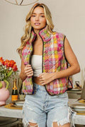 BiBi Quilted Washed Plaid Snap Down Vest - Hovatok