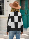 Angel Wings Checkered Round Neck Dropped Shoulder Sweater - Hovatok