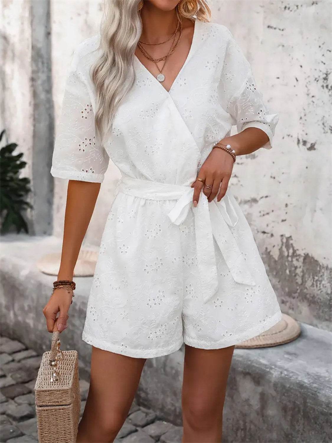 Tied Front Eyelet Romper - Hovatok