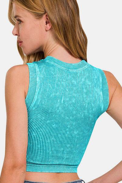 Zenana Washed Ribbed Seamless Crop Tank with Bra Pad - Hovatok