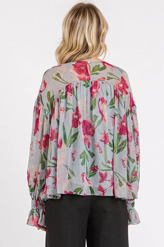 Mittoshop Floral Round Neck Flounce Sleeve Blouse - Hovatok