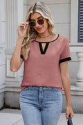 Cutout Round Neck Short Sleeve Top - Hovatok