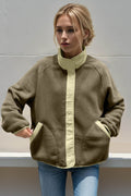 Double Take Snap Down Contrast Fleece Jacket with Pockets - Hovatok